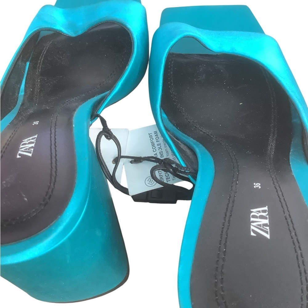 Zara Satin Teal Mule Heels Square Toe Slip On Sandals NWT Sz 6 (36) - Picture 5 of 8